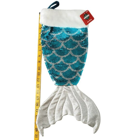 New Mermaid Tail Christmas Stocking Aqua Silver Sparkles Reversible Sequins Fur - Picture 4 of 4